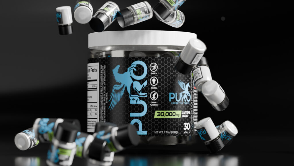 Puro-Energy with vials dropping on top of it
